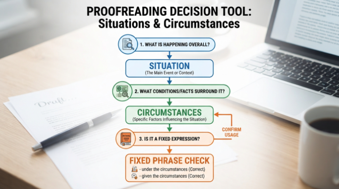 Flowchart for choosing between situation and circumstances when proofreading a sentence.
