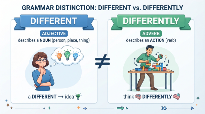 Comparison graphic showing different as an adjective and differently as an adverb