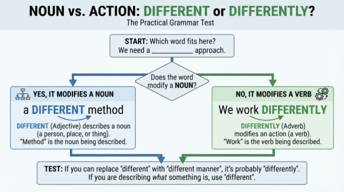 Flowchart showing different modifying a noun and differently modifying an action