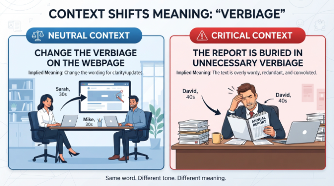 Comparison showing neutral and critical uses of the word verbiage.