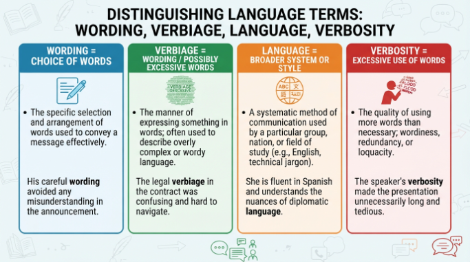 Comparison chart distinguishing wording, verbiage, language, and verbosity.