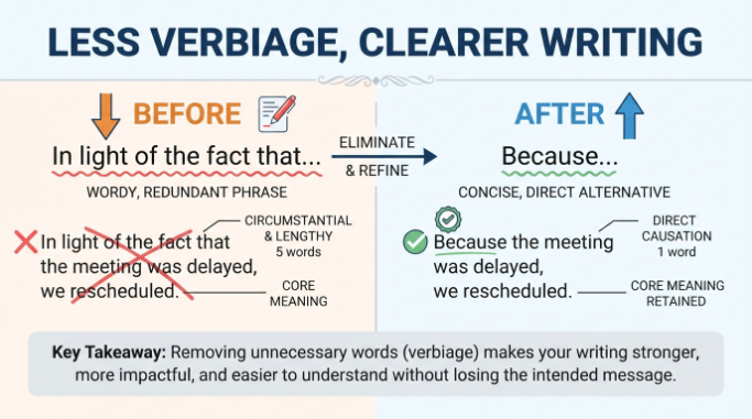 Before-and-after writing example showing how unnecessary wording can be simplified.