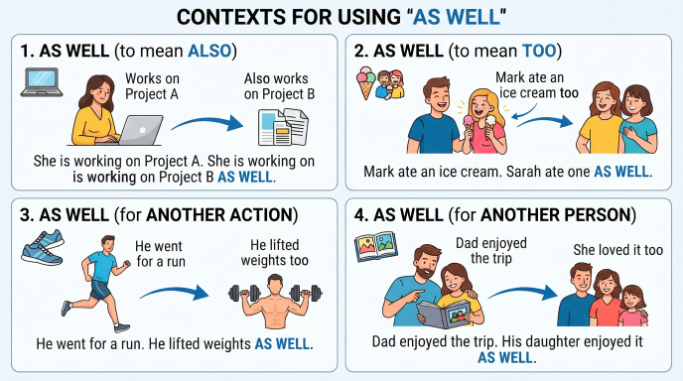Four examples showing how “as well” adds people, actions, or information to a sentence.