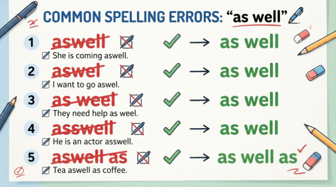 Proofreading graphic correcting common misspellings of the phrase “as well.”