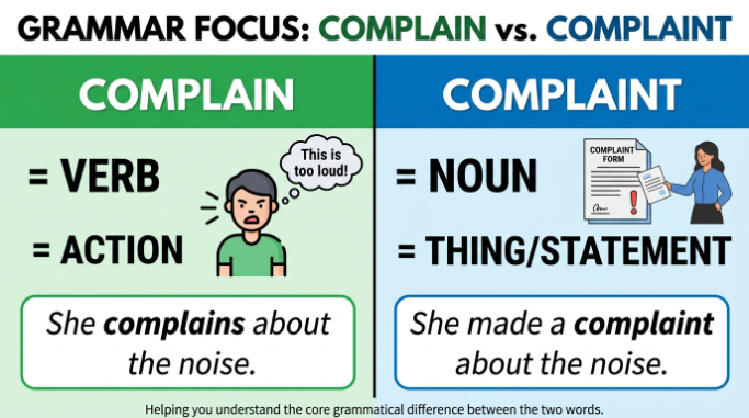 A comparison graphic showing complain as an action verb and complaint as a noun.