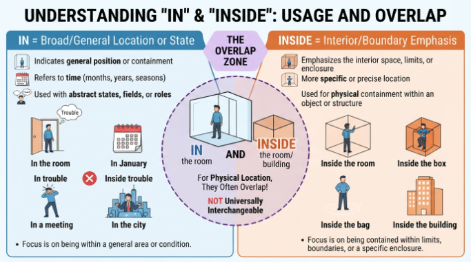 Comparison of in and inside showing where their meanings overlap and where only in is natural.