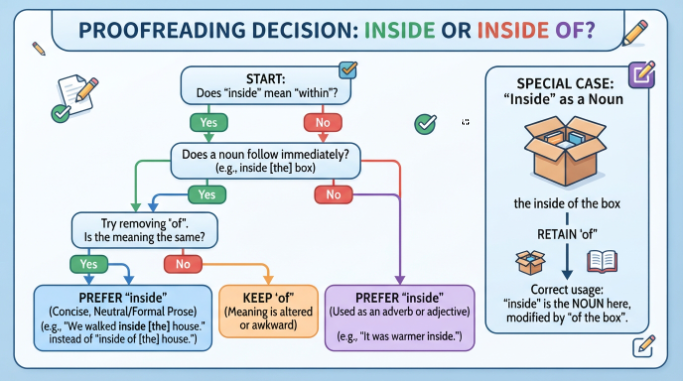 Flowchart for deciding whether to use inside or inside of in a sentence.