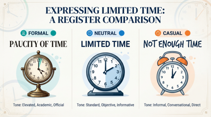 Comparison showing formal, neutral, and casual ways to describe having too little time.