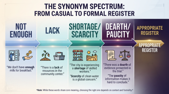 Synonym comparison showing different formal and everyday ways to express scarcity or insufficient quantity.