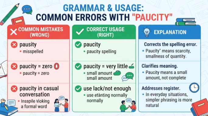 Common mistakes with paucity showing the correct spelling, its meaning as scarcity rather than complete absence, and its formal register.