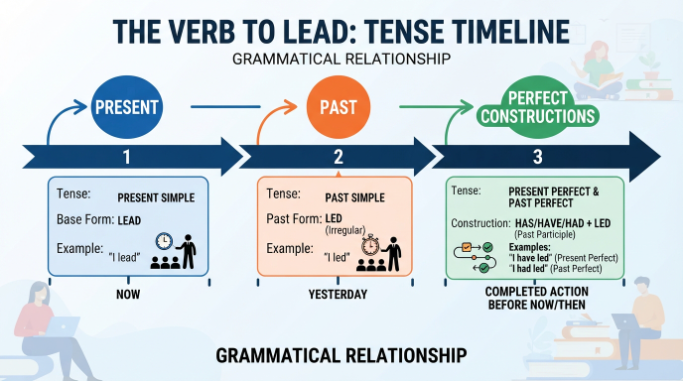 A verb timeline showing lead as the present form and led as its past and past participle form.