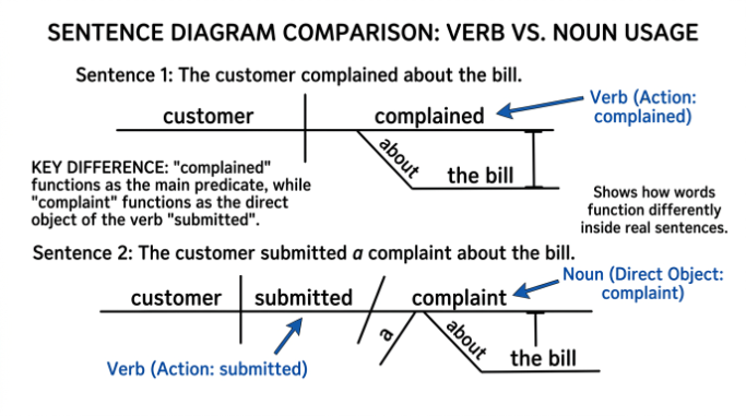 Two annotated sentences identifying complain as a verb and complaint as a noun.