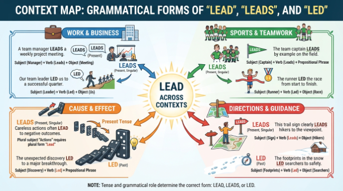 Examples of lead and led used in workplace, sports, cause-and-effect, and direction contexts.
