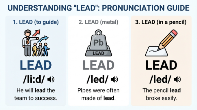 A pronunciation guide distinguishing lead as a verb from lead referring to metal and pencil material.