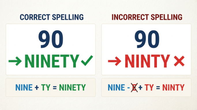 A spelling comparison showing ninety as the correct form for the number 90 and ninty as incorrect.