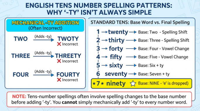 A chart of English tens from twenty to ninety highlighting the standard spelling of ninety.