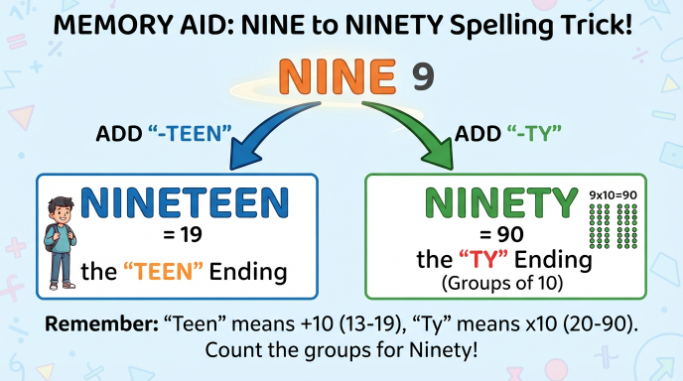 A spelling memory aid connecting nine with ninety and distinguishing nineteen from ninety.
