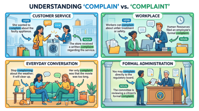 Four everyday contexts showing correct uses of complain and complaint.