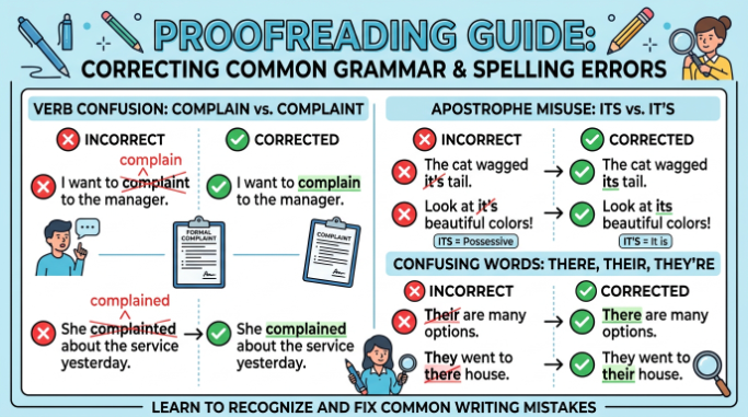 Common sentence errors involving complain and complaint shown with corrected versions.