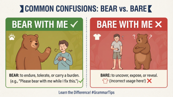 Bear with me versus bare with me showing the correct spelling for asking someone to be patient.