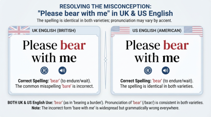 UK and US English comparison showing the same spelling, bear with me.