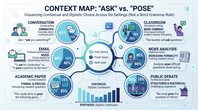 Context map comparing ask and pose across conversation, education, professional writing, journalism, and debate.