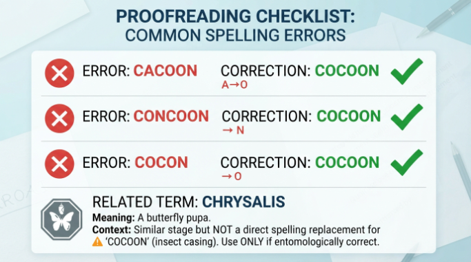 “Proofreading checklist correcting common spellings and usage mistakes for cocoon”