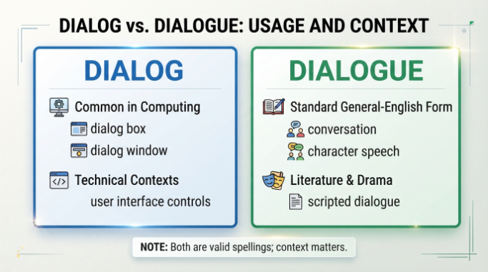 Comparison of dialog and dialogue showing computing and general-English uses