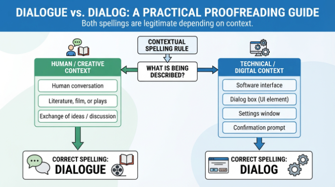 Decision diagram showing when to use dialogue for conversation and dialog for software interfaces