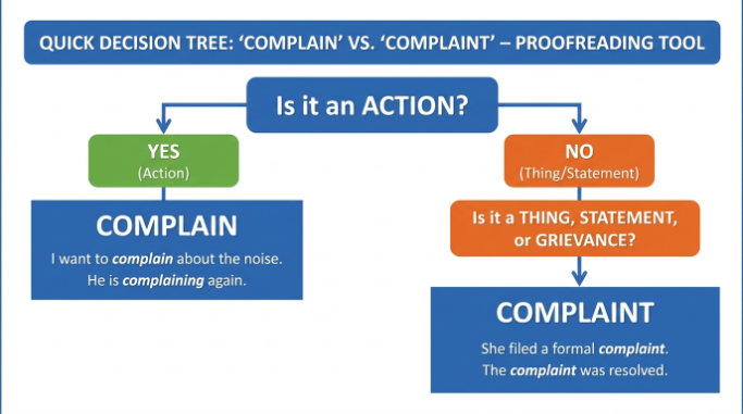A decision tree helping writers choose between complain and complaint.