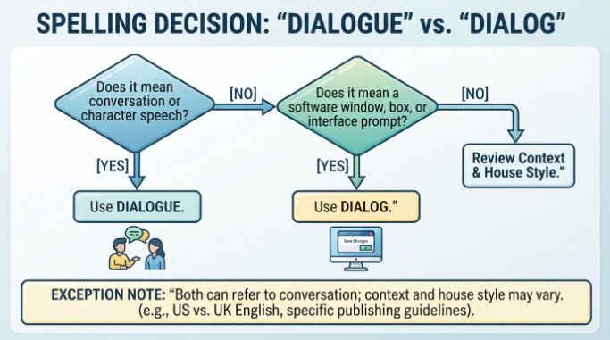 Proofreading flowchart for choosing between dialog and dialogue
