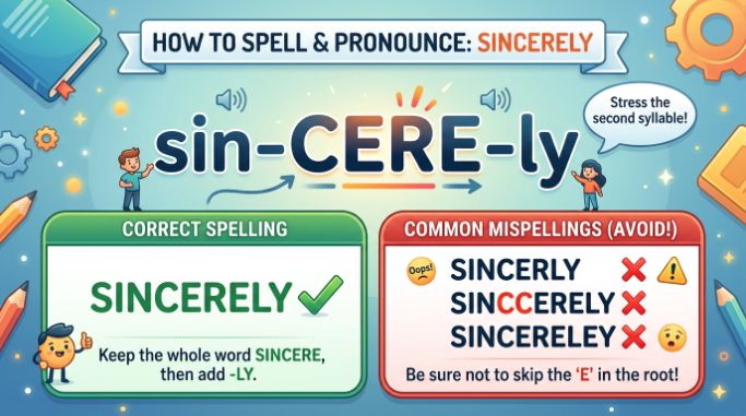 Spelling and pronunciation guide for the word “sincerely” with common incorrect spellings.