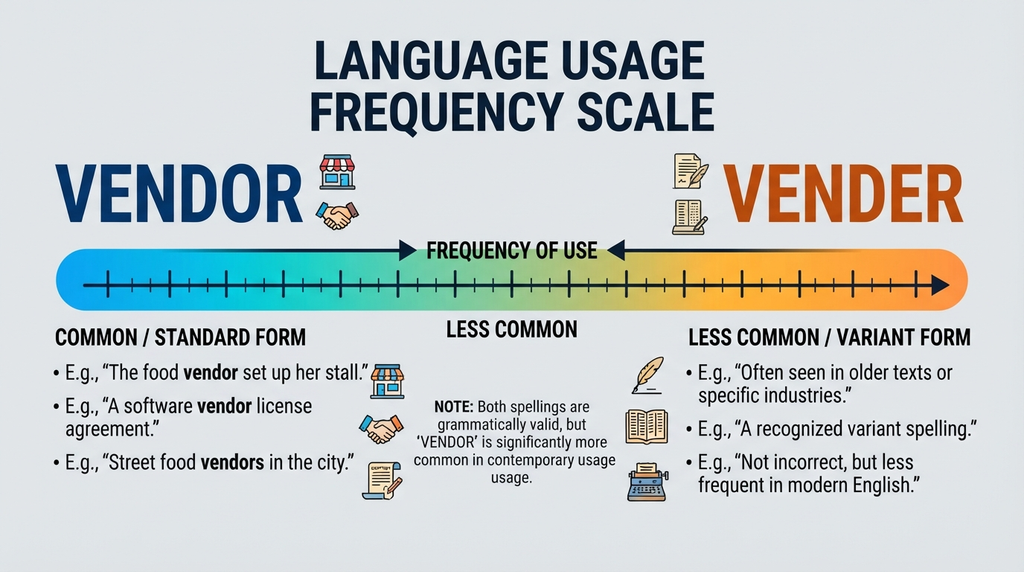 Usage scale showing vendor as common and vender as an uncommon variant