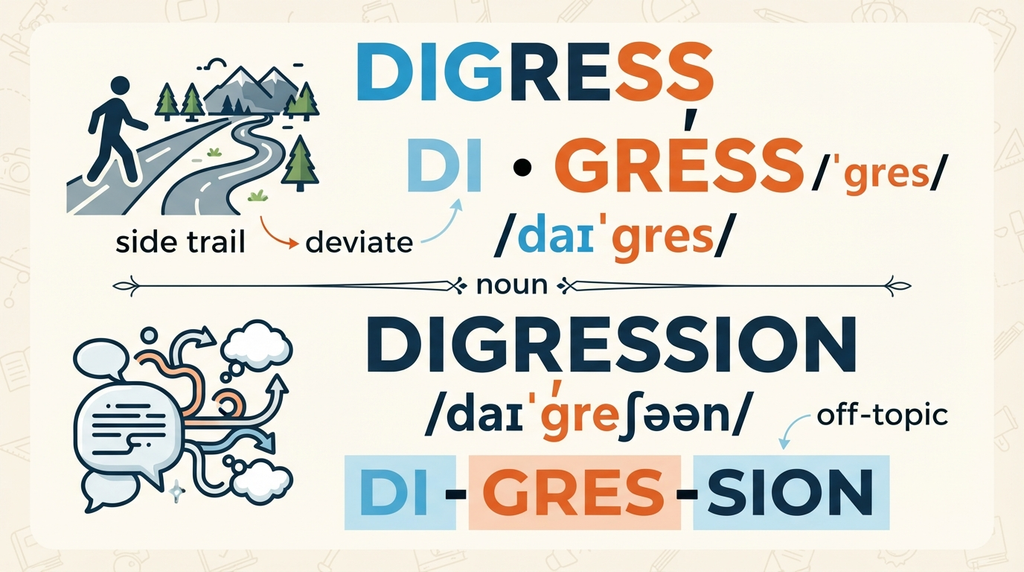 Pronunciation guide showing the stressed second syllable in the word digress.