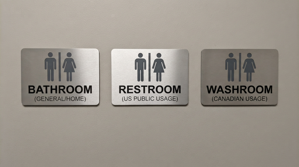 Examples of bathroom, restroom, and washroom signs used in different English contexts