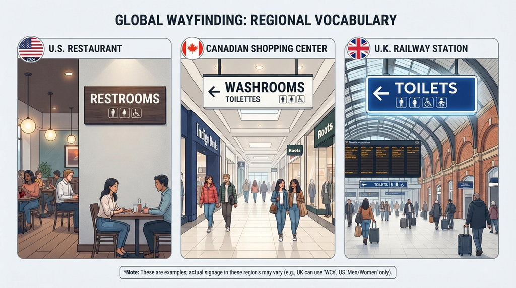 Public facility signs showing regional differences in English terminology