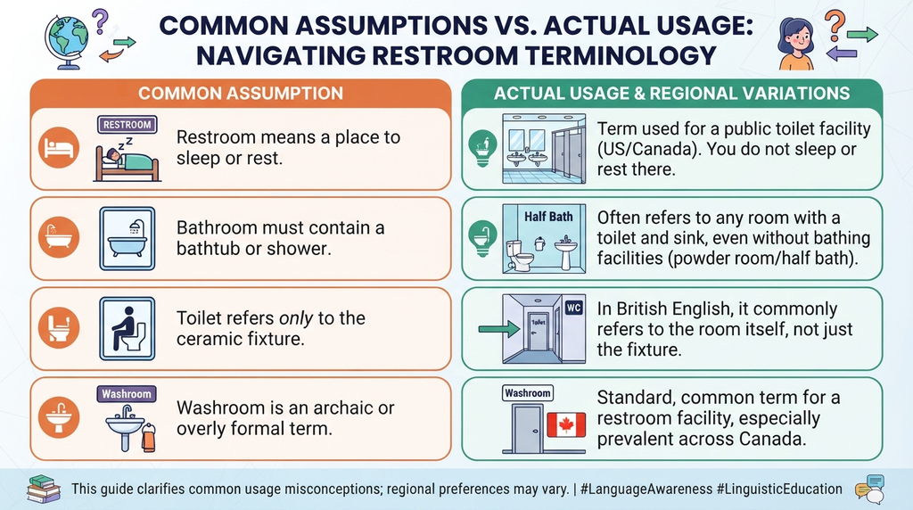 Common misconceptions about bathroom, restroom, washroom, and toilet usage