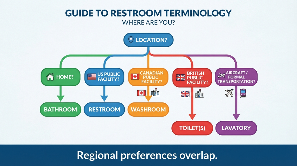 Decision guide for choosing between bathroom, restroom, washroom, toilet, and lavatory