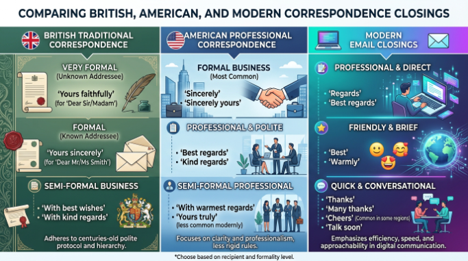 Comparison of British, American, and modern email sign-offs including Yours sincerely and Sincerely.