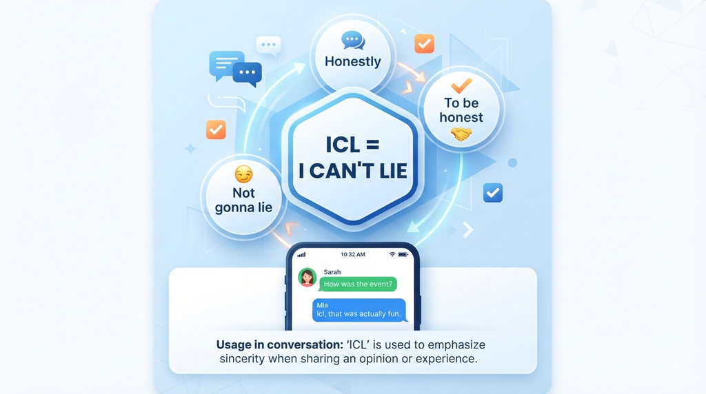 Educational graphic showing ICL meaning “I Can’t Lie” alongside “honestly,” “to be honest,” and “not gonna lie.”
