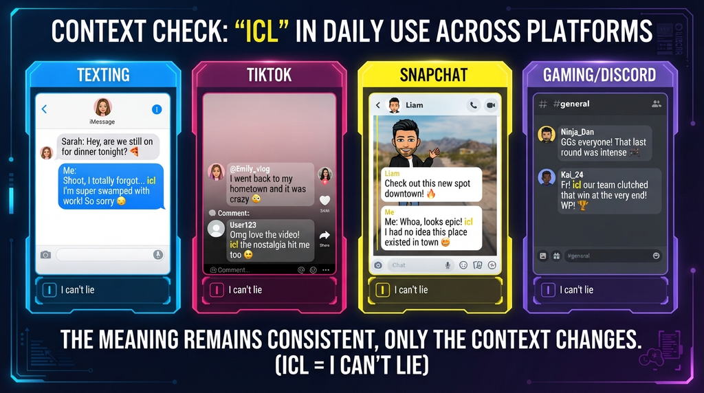 Four fictional chat examples showing how ICL is used in texting, TikTok, Snapchat, and gaming conversations.