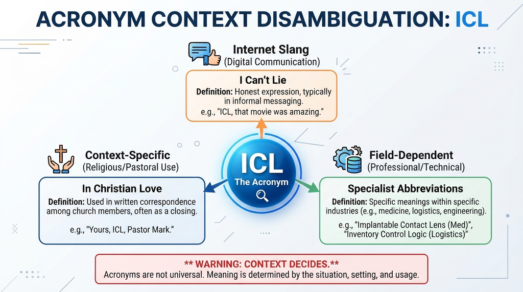 Context diagram showing different possible meanings of ICL and explaining that the surrounding conversation determines the intended meaning.