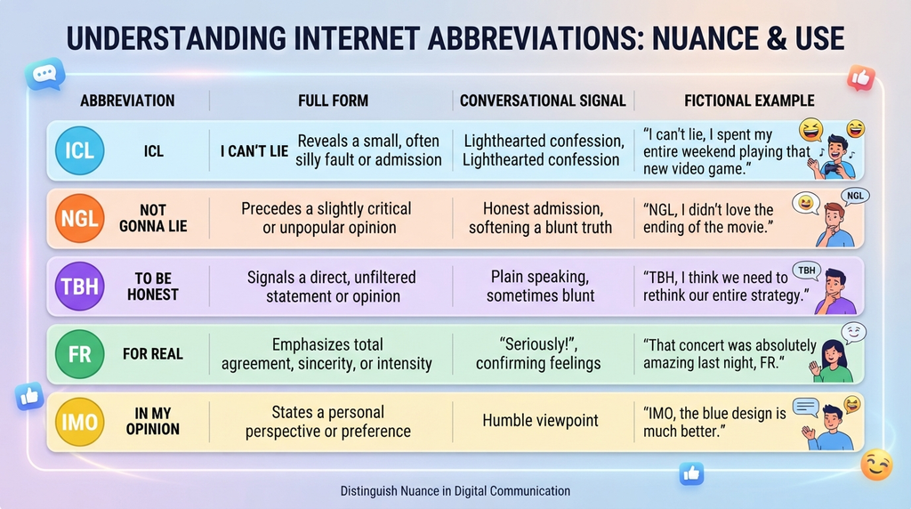 Comparison chart explaining the meanings and conversational functions of ICL, NGL, TBH, FR, and IMO.