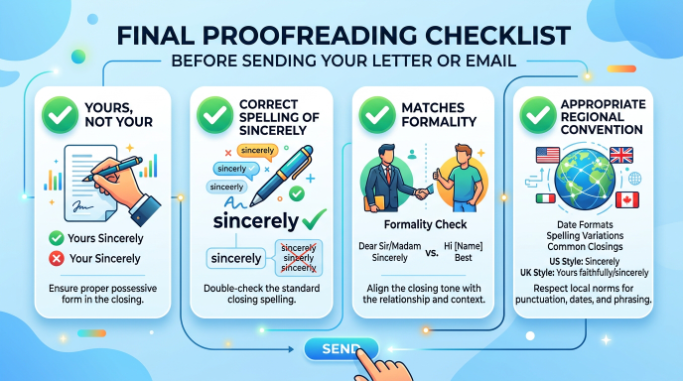 Proofreading checklist for choosing and correctly writing a formal letter closing.