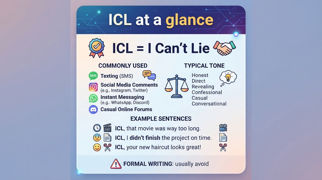 ICL quick-reference card showing its meaning, common uses, tone, and examples.