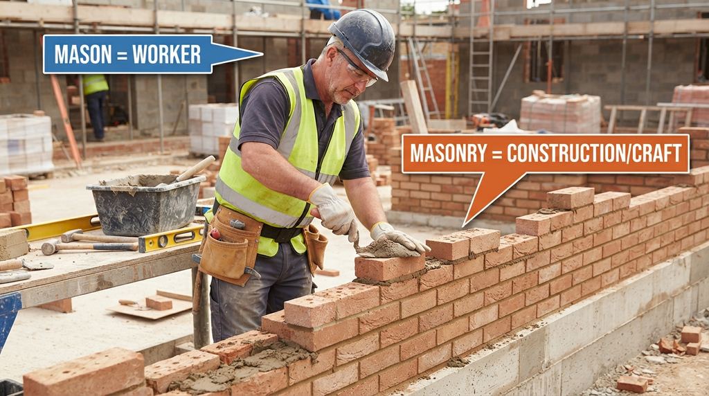 Mason working on a brick wall with labels distinguishing the worker from masonry construction.
