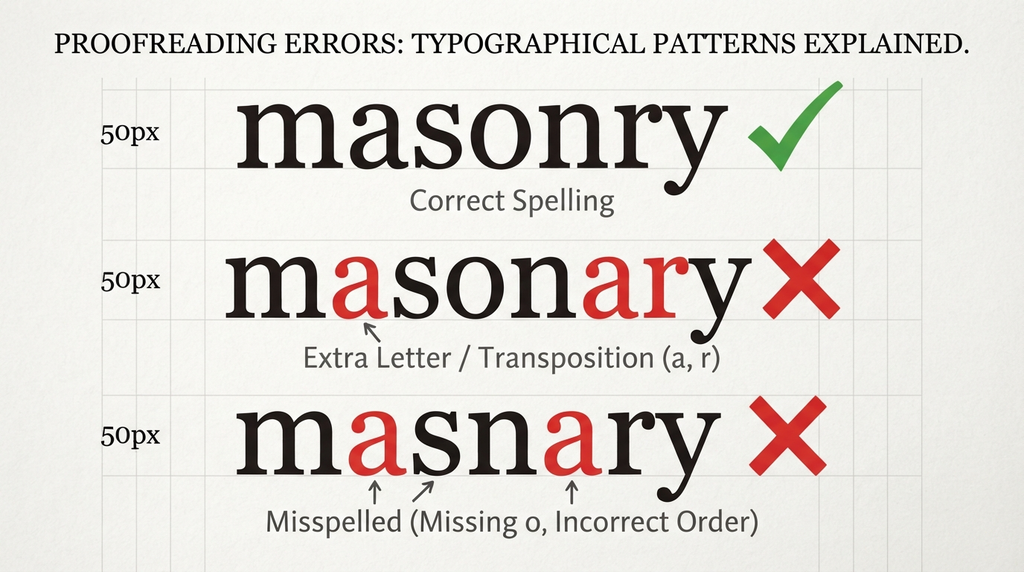 Spelling correction graphic comparing masonry with the misspellings masonary and masnary.