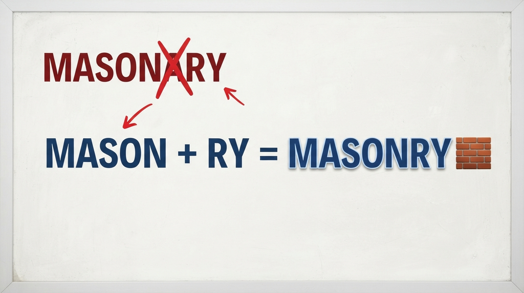Memory aid showing that masonry is spelled with the ending -ry rather than -ary.