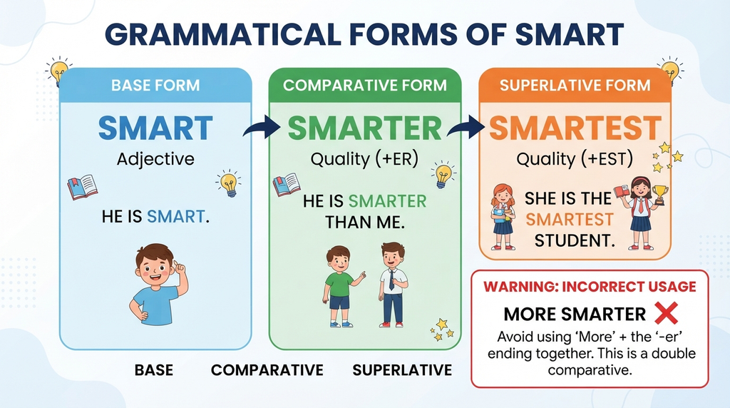 “Diagram showing smart, smarter, and smartest as the base, comparative, and superlative forms”