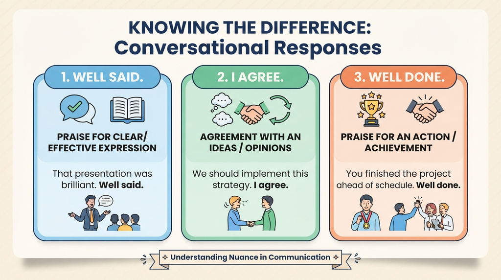 Comparison of well said, I agree, and well done with their different uses